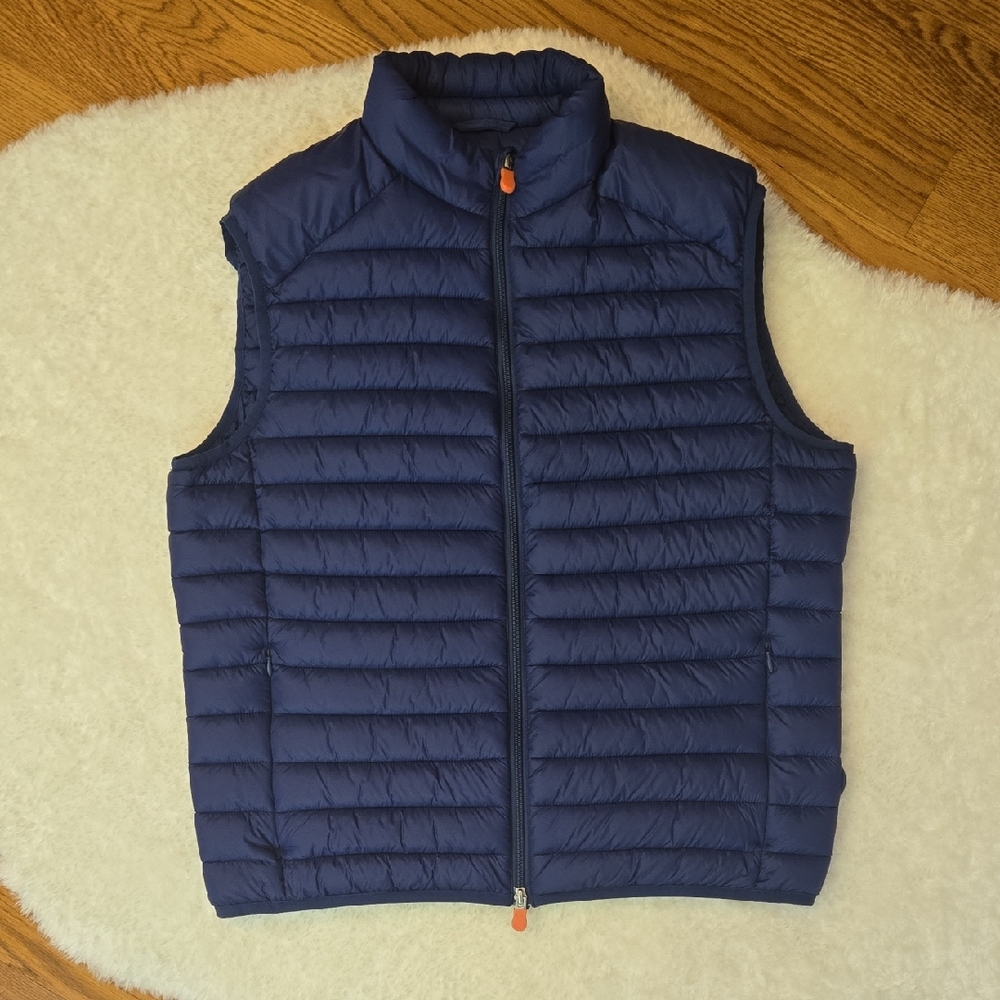 SAVE THE DUCK Men's Navy Quilted Packable Vest with Orange Pulls